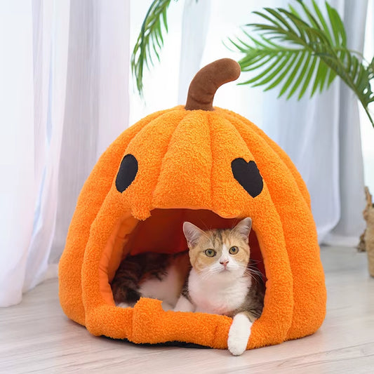 Halloween Pumpkin Pet House Autumn and Winter Warm Cat House Bed Cat and Dog House Pet Mat Pet Cave for Small Medium Dogs Cats